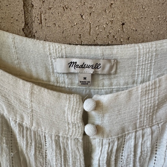 Madewell Puff Sleeve Drawstring Cream Textured Button-Front Top | Medium - Picture 5 of 10